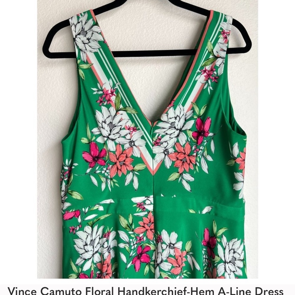 Vince Camuto Floral A line Handkerchief Green V-Neck Dress - Picture 12 of 12